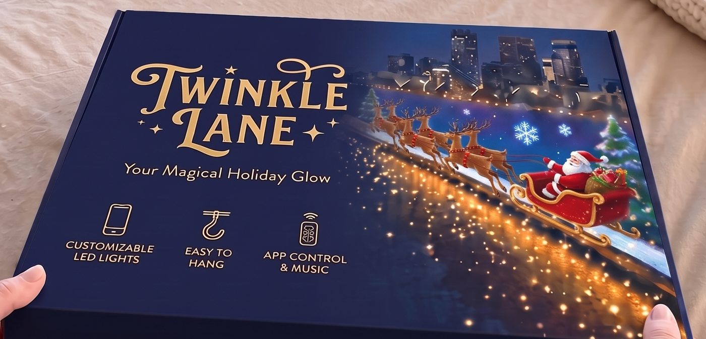 Twinkle Lane Smart LED Curtain Lights gift box, top view